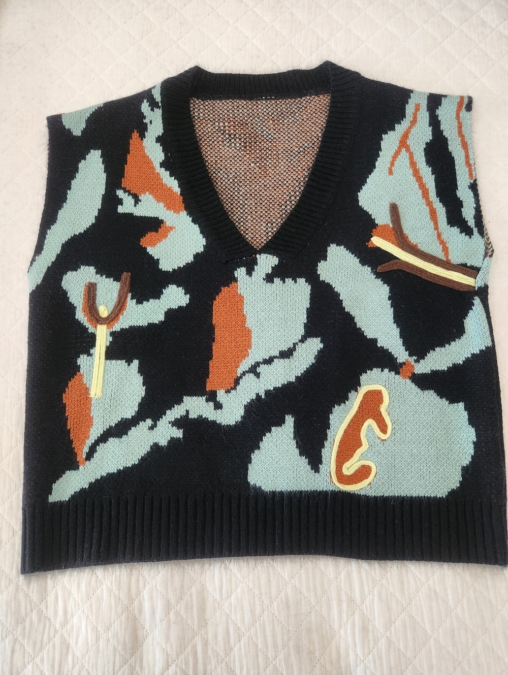 Black Abstract Pattern V-Neck Sweater Vest - Picture 3 of 5